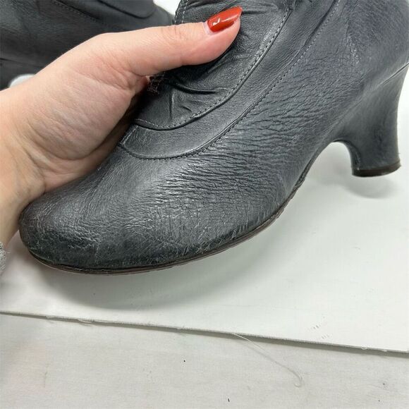 Women's Blue Gray Leather Heeled Ankle Boots Size 38 Bow Detail Ruched - Picture 12 of 14
